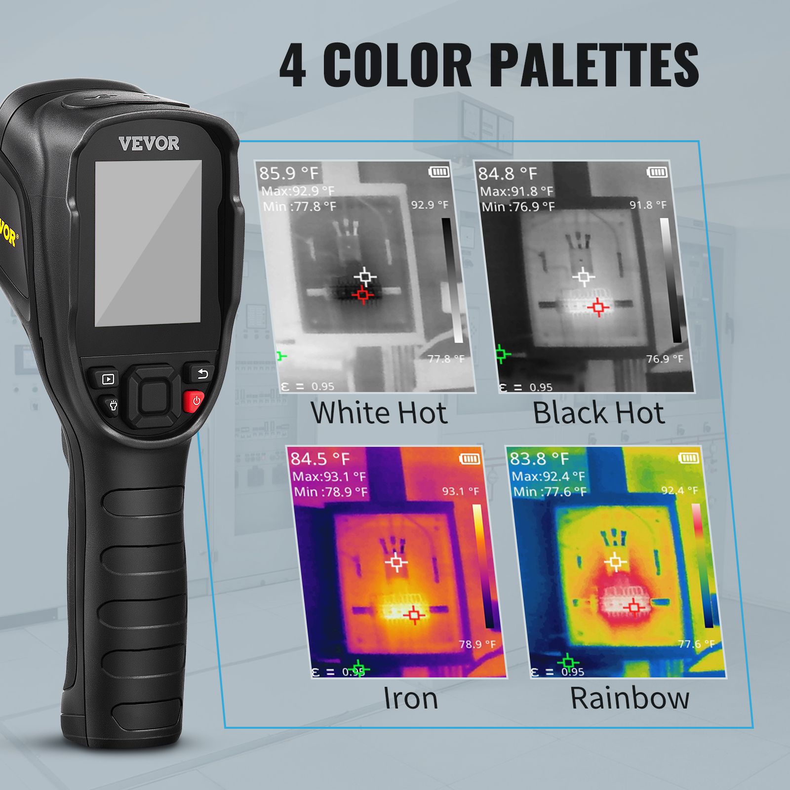 VEVOR thermal imaging camera showcasing 4 color palettes: white hot, black hot, iron, rainbow.