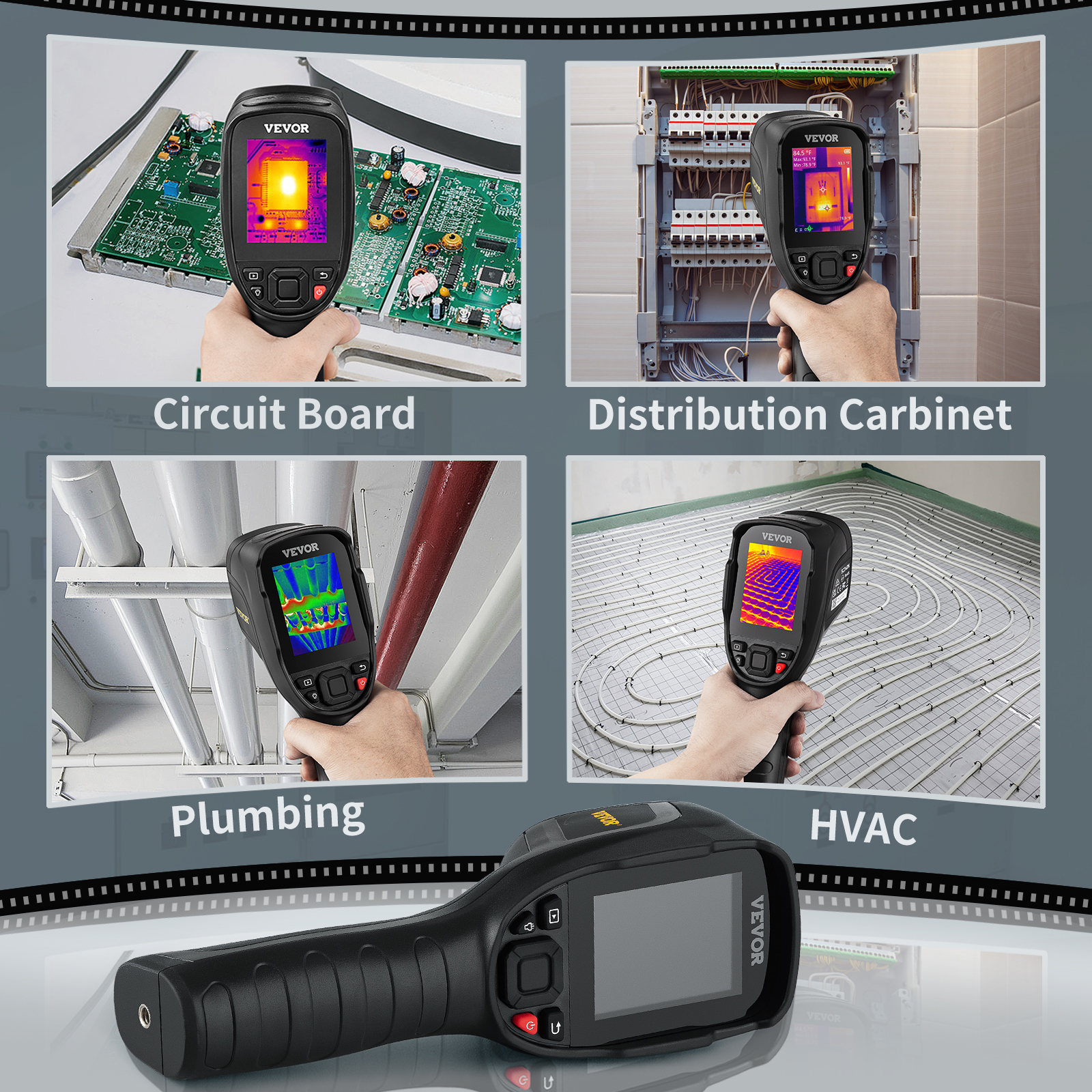 VEVOR thermal imaging camera detecting heat on circuit board, distribution cabinet, plumbing, and hvac system.