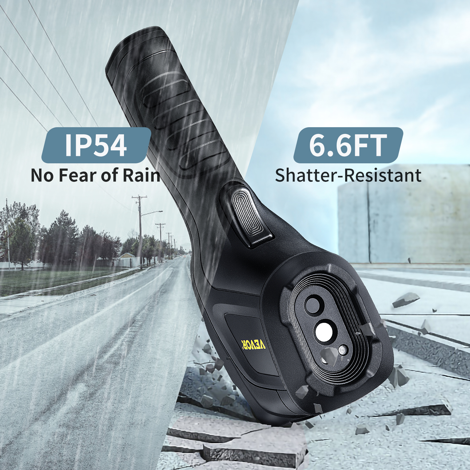VEVOR thermal imaging camera: ip54 waterproof, 6.6ft shatter-resistant, durable in rain and tough conditions.