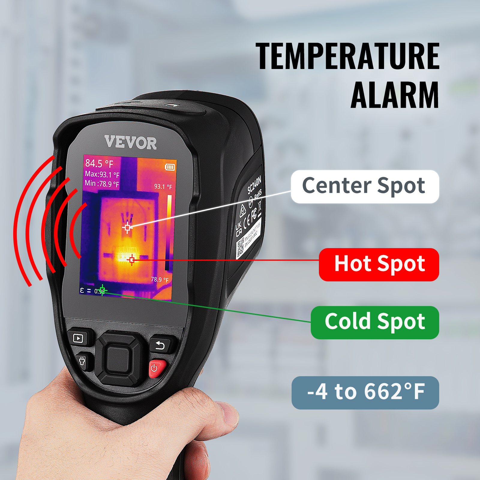VEVOR thermal imaging camera with temperature alarm, center, hot and cold spots, -4 to 662°f range.