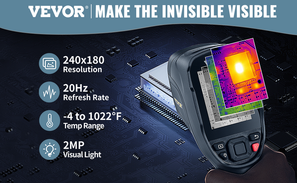 VEVOR thermal imaging camera showcasing 240x180 resolution, 20hz refresh rate, and -4 to 1022°f temp range.