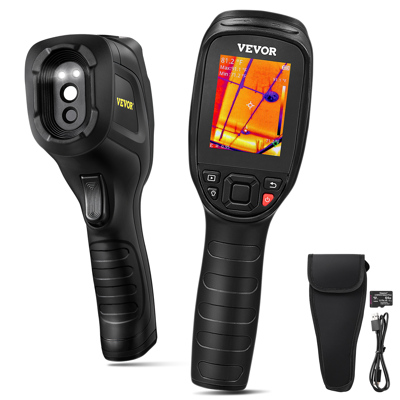 VEVOR thermal imaging camera with lcd screen, ergonomic grip, protective case, and usb cable.
