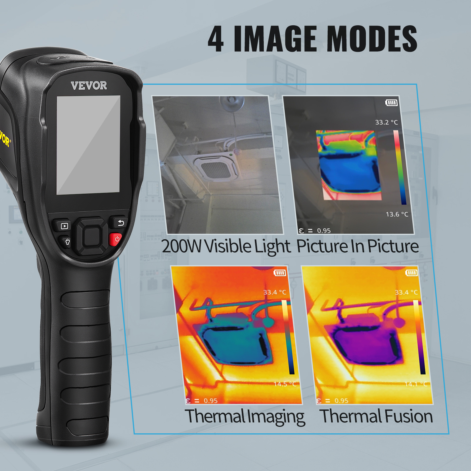VEVOR thermal imaging camera with 4 image modes: 200w visible light, picture in picture, thermal imaging, thermal fusion.