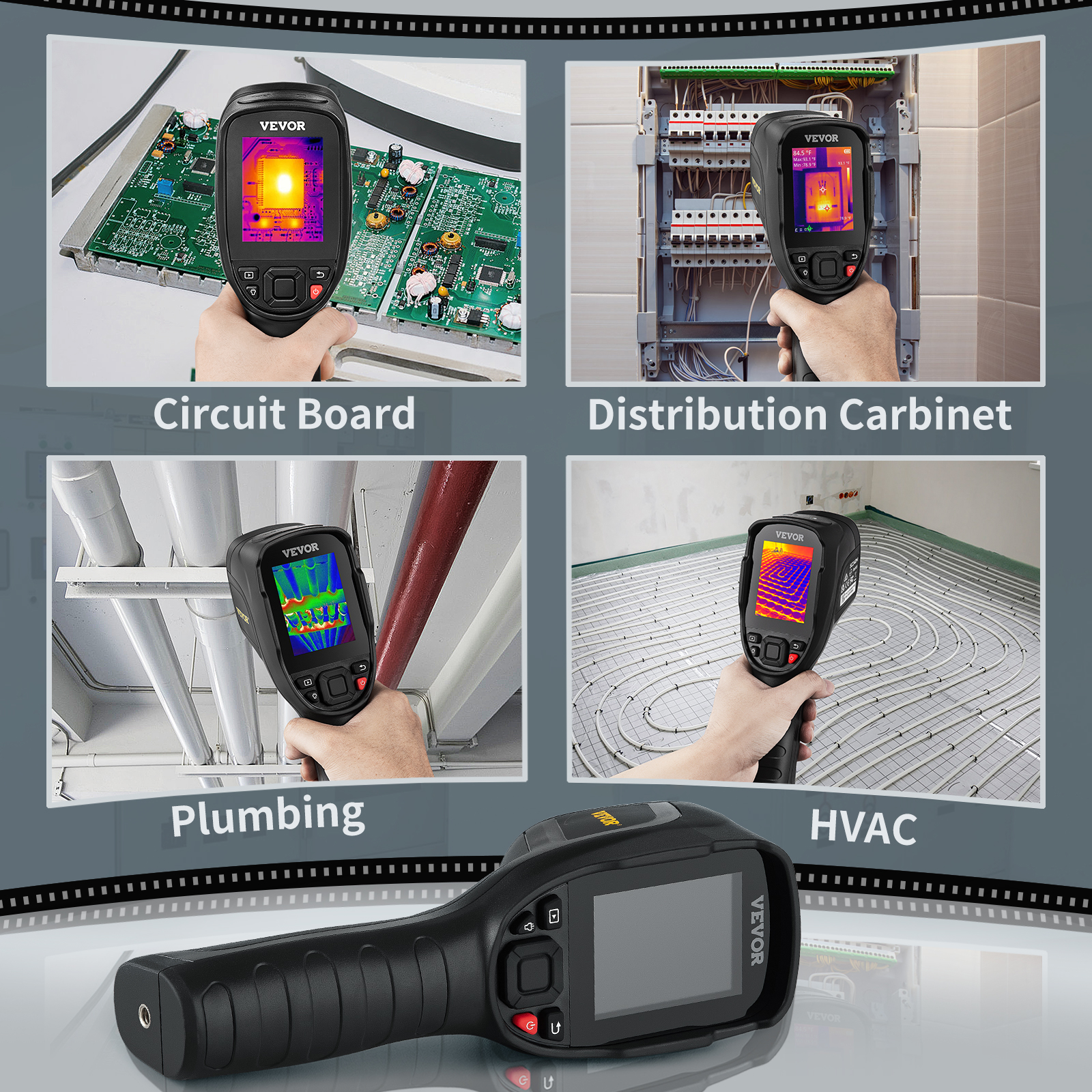 VEVOR thermal imaging camera inspecting circuit board, distribution cabinet, plumbing, and hvac systems.