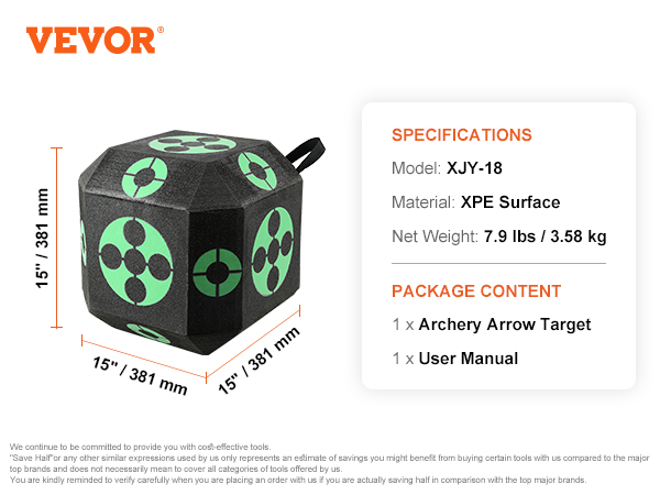 VEVOR archery target, 15" cube with green target patterns, 7.9 lbs, including user manual.