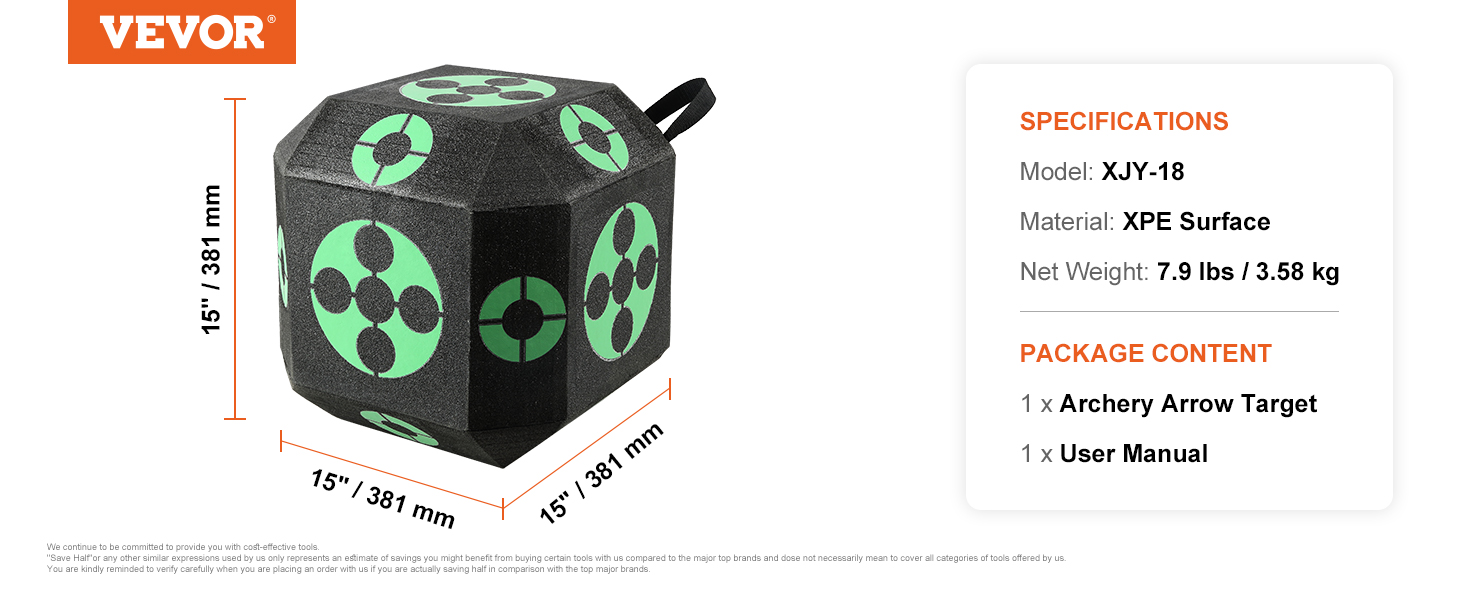 VEVOR archery target, 15" cube with green target patterns, 7.9 lbs, including user manual.