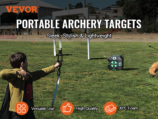 VEVOR archery target on a grass field with a young archer aiming at it.