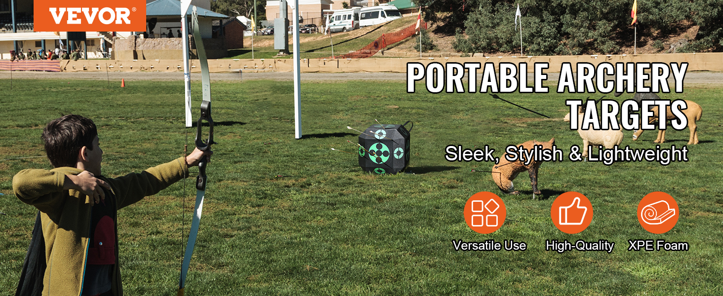VEVOR archery target on a grass field with a young archer aiming at it.