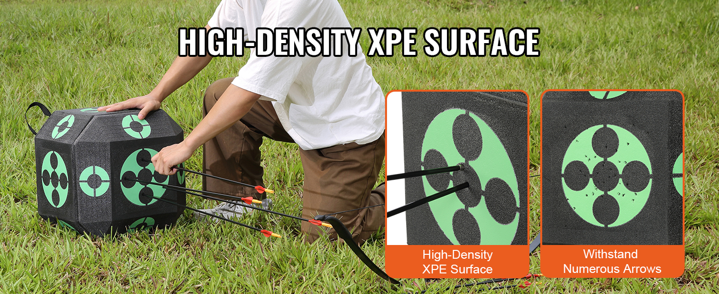 person setting up VEVOR archery target on grass, featuring high-density xpe surface and arrow impacts.
