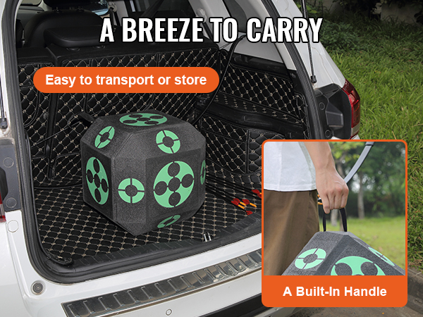 VEVOR archery target in car trunk, highlighting ease of transport with built-in handle for carrying.