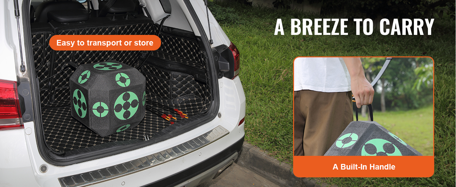 VEVOR archery target in car trunk, highlighting ease of transport with built-in handle for carrying.