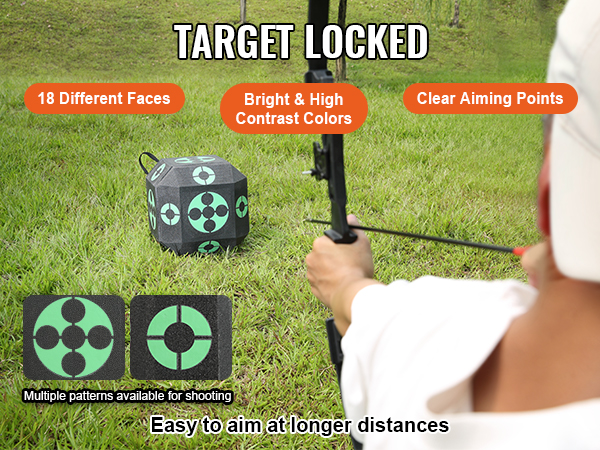 archer aiming at VEVOR archery target with 18 faces, clear aiming points, and high contrast colors.