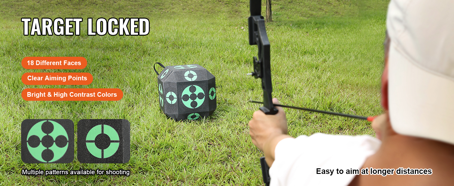 archer aiming at VEVOR archery target with 18 faces, clear aiming points, and high contrast colors.