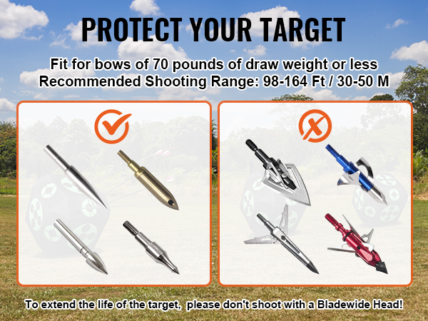 archery target setup with guidelines for protecting VEVOR archery target using recommended broadheads.