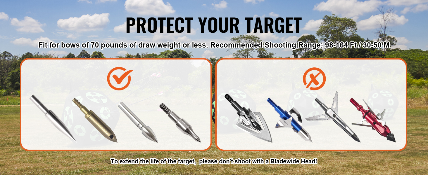 archery target setup with guidelines for protecting VEVOR archery target using recommended broadheads.