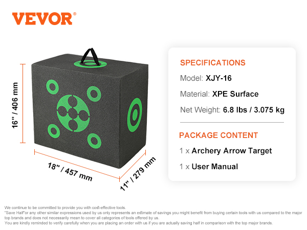 VEVOR archery target, xjy-16 model, xpe surface, 16x18x11 inches, with handle, green target circles.