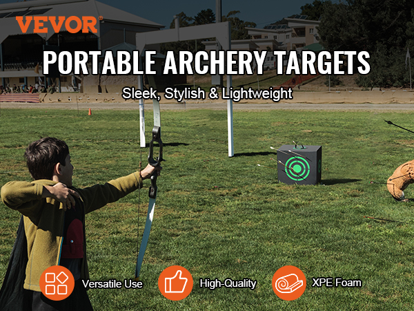 child aiming bow at VEVOR archery target on a green field with various icons for features.