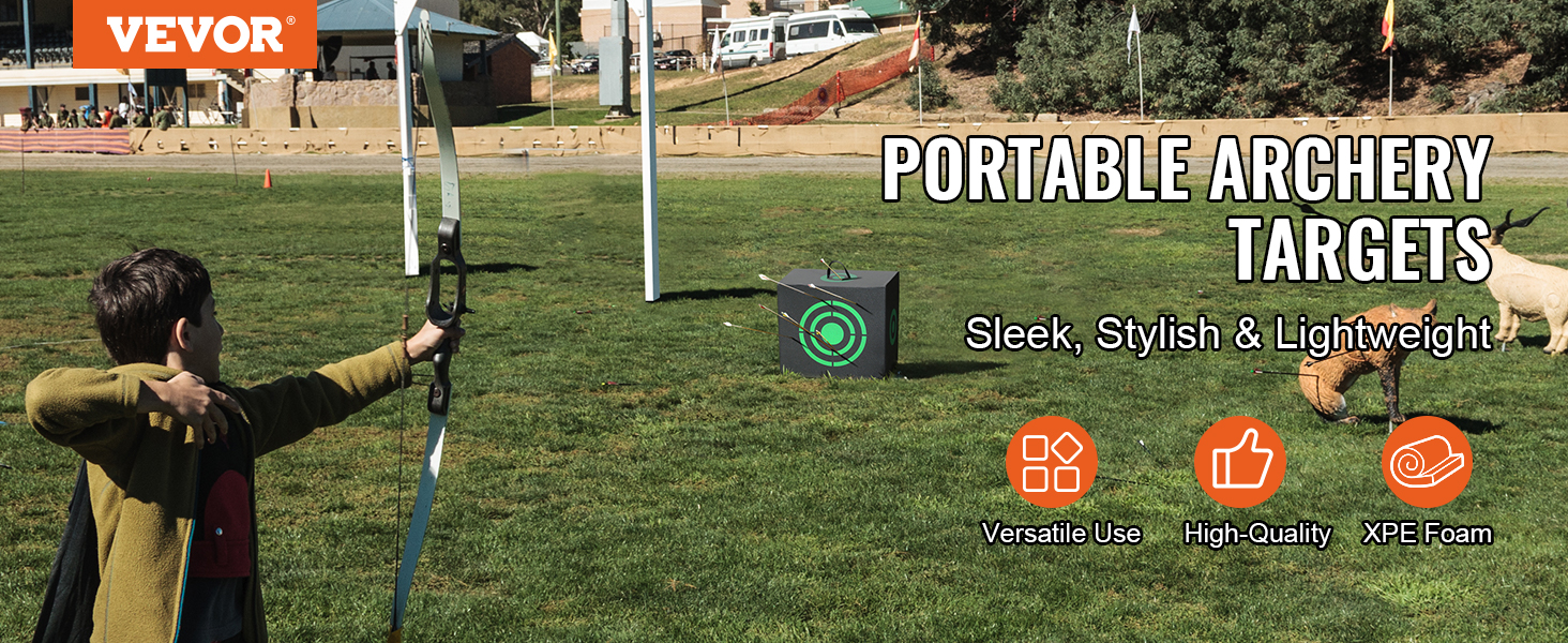 child aiming bow at VEVOR archery target on a green field with various icons for features.