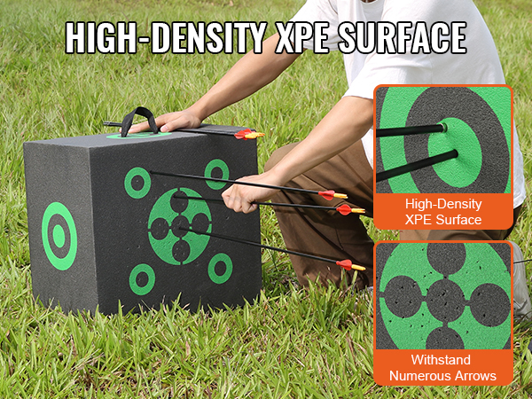 high-density xpe foam VEVOR archery target absorbing arrows in grassy field with additional close-up views.