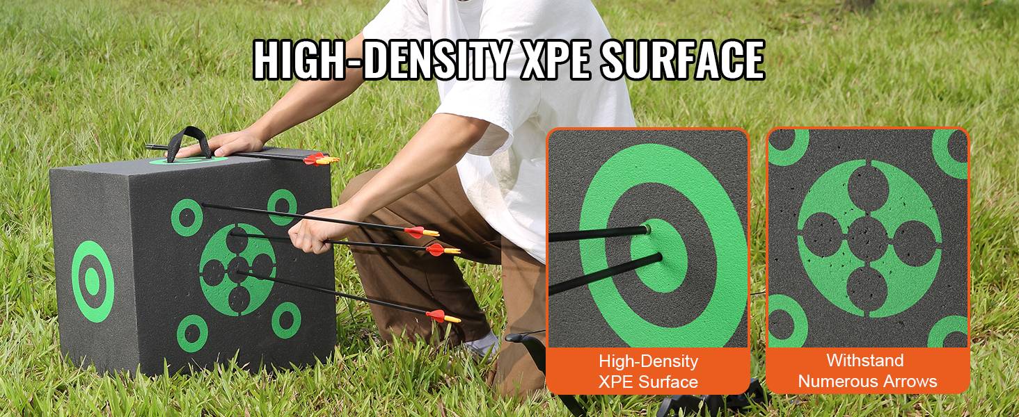 high-density xpe foam VEVOR archery target absorbing arrows in grassy field with additional close-up views.