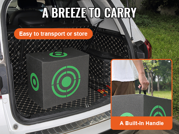 VEVOR archery target with easy-to-carry design and built-in handle in a car trunk and hand.