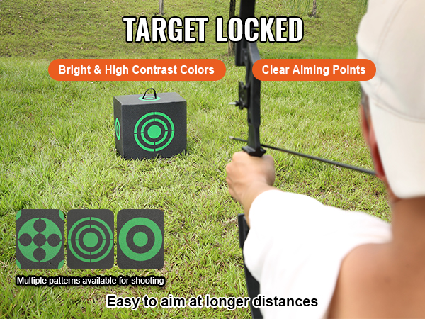 person aiming a bow at VEVOR archery target with multiple green target designs on grass.