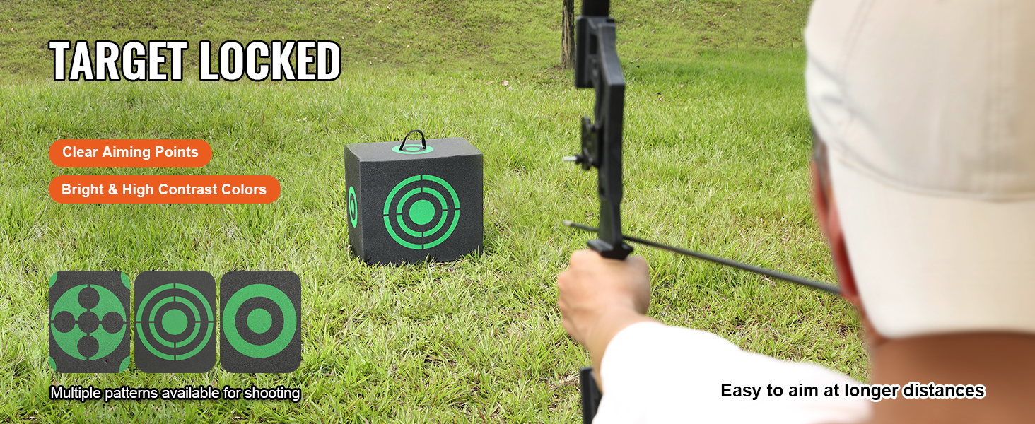 person aiming a bow at VEVOR archery target with multiple green target designs on grass.