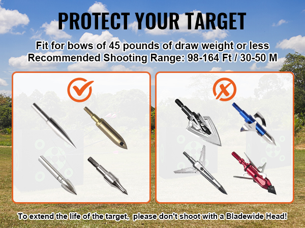 VEVOR archery target usage guide, detailing compatible arrows and recommended draw weight and range.