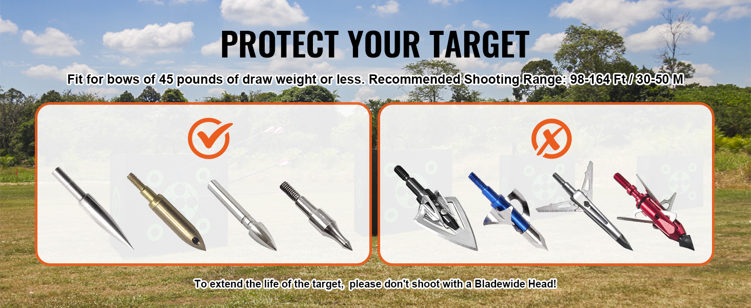 VEVOR archery target usage guide, detailing compatible arrows and recommended draw weight and range.