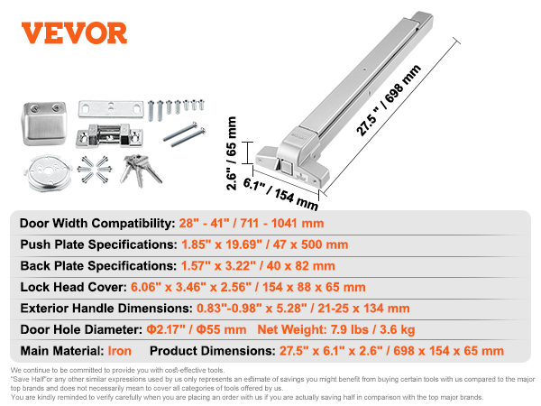 VEVOR push bar door locks with dimensions and compatibility details for installation.