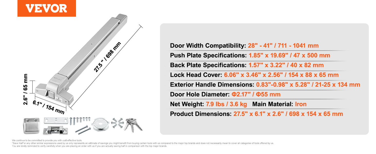VEVOR push bar door locks with dimensions and compatibility details for installation.