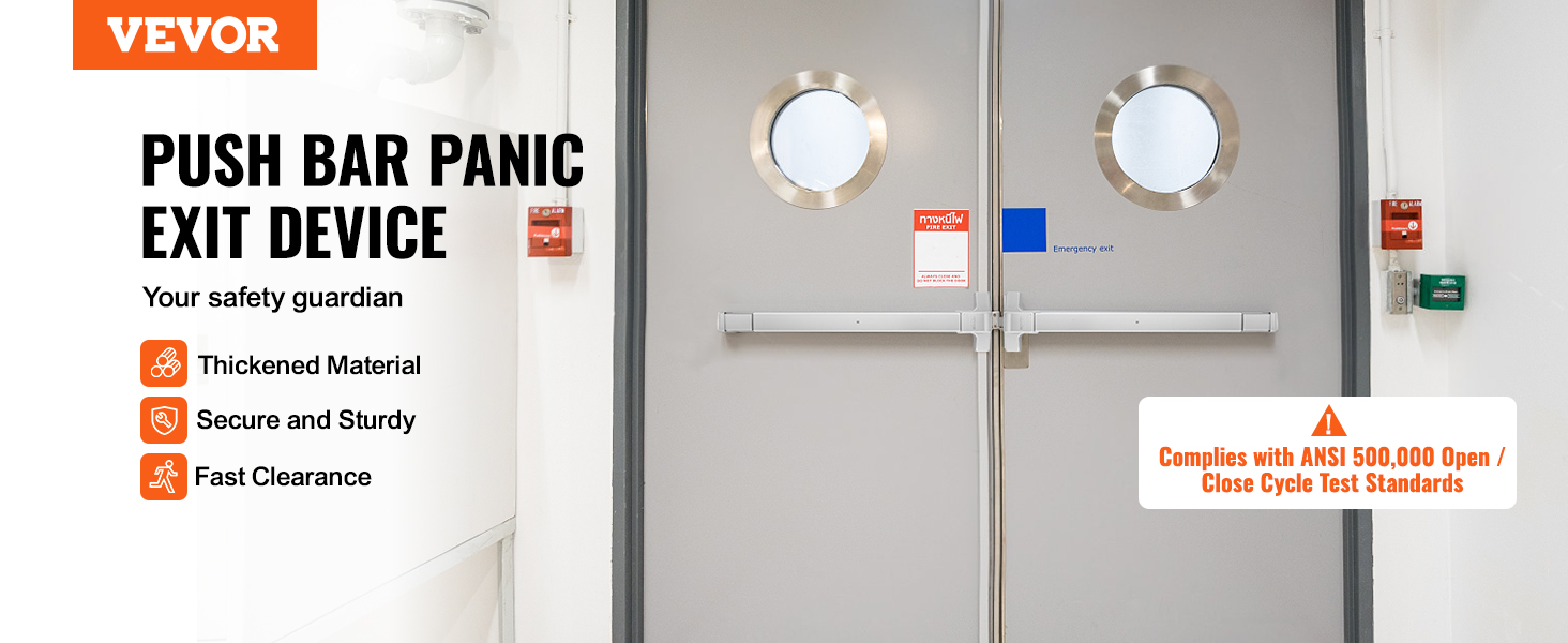 VEVOR push bar door locks on double doors with secure and sturdy design compliant with ansi standards.