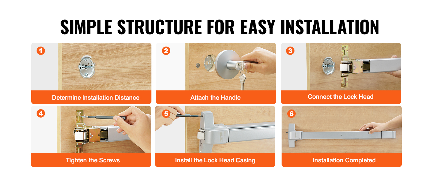 installation guide for VEVOR push bar door locks with six easy-to-follow steps for simplicity.