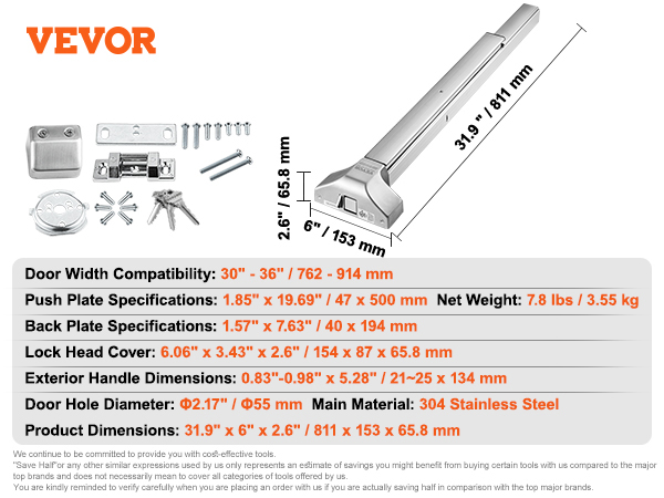 VEVOR panic exit device with 30"-36" door width compatibility, 304 stainless steel, 7.8 lbs, 31.9" length.