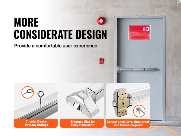 VEVOR panic exit device with circular design, enlarged size, copper lock core, and a grey door.
