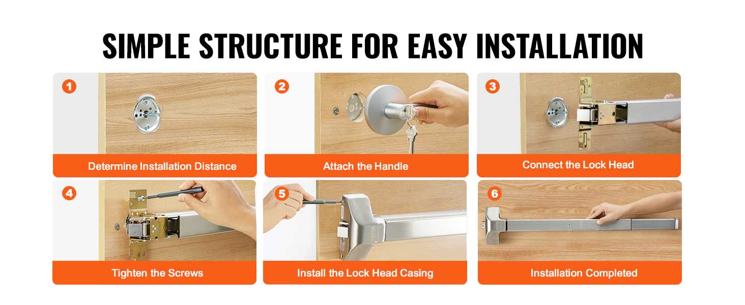 VEVOR panic exit device installation steps on wooden door: measure, attach handle, lock head, tighten screws.