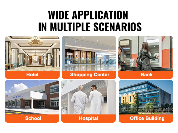 wide application of VEVOR panic exit device: hotel, shopping center, bank, school, hospital, office building.