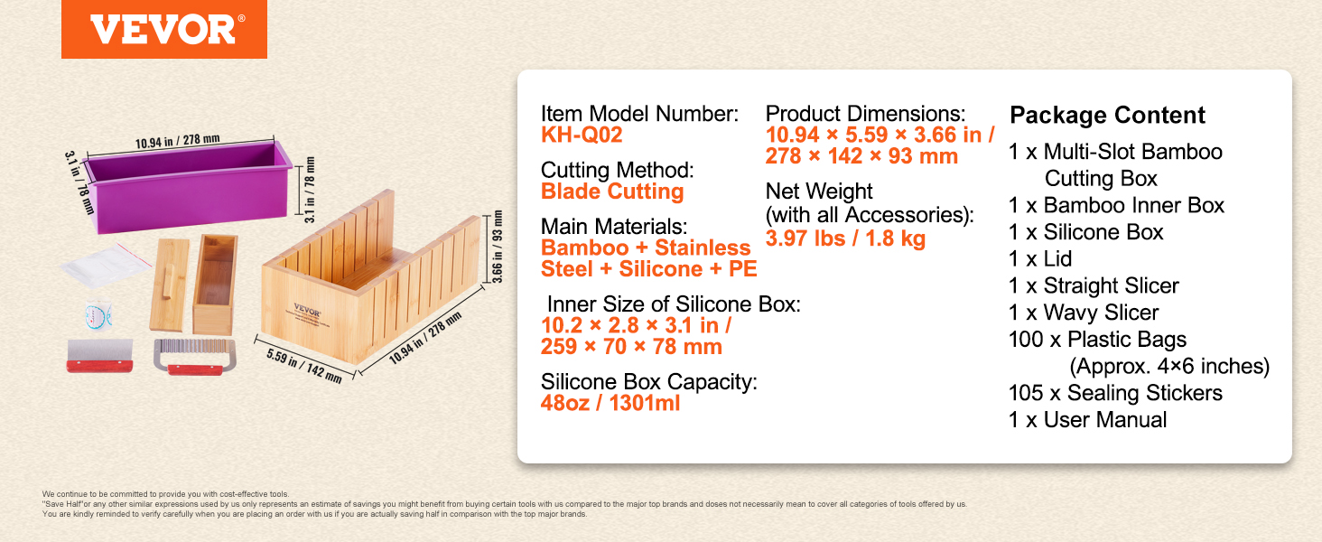 contents of the VEVOR soap making kit, including bamboo cutting box, slicers, silicone box, and accessories.