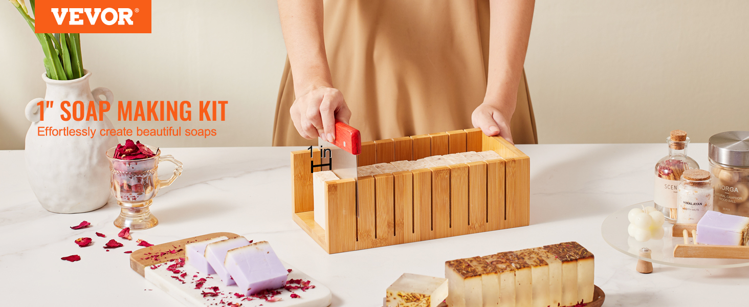 VEVOR 1" soap making kit in use on a kitchen counter with various ingredients.