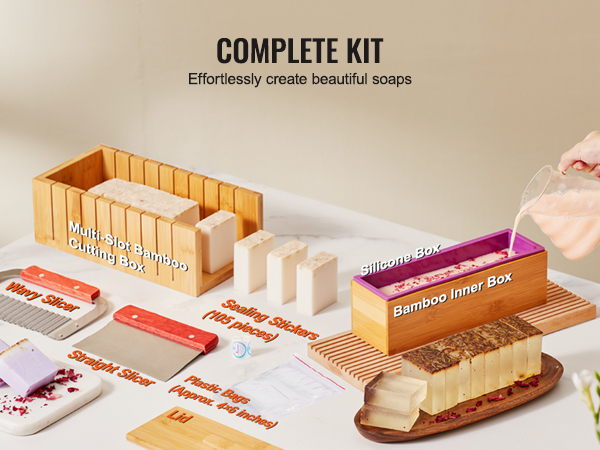 VEVOR soap making kit with bamboo boxes, slicers, sealing stickers, and plastic bags for crafting soaps.