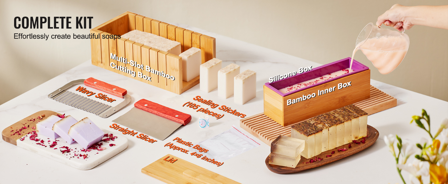 VEVOR soap making kit with bamboo boxes, slicers, sealing stickers, and plastic bags for crafting soaps.