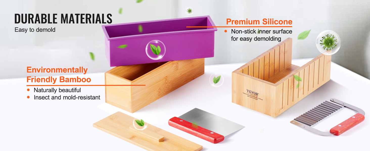 VEVOR soap making kit with bamboo molds and premium silicone, easy to demold, eco-friendly materials.