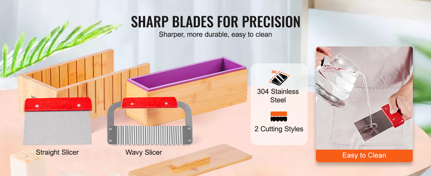 VEVOR soap making kit with bamboo mold, straight and wavy slicers, and easy-to-clean sharp blades.