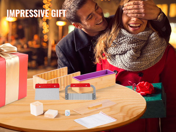 VEVOR soap making kit displayed with gift-wrapped box, bamboo molds, cutters, and soap bars for holiday season.