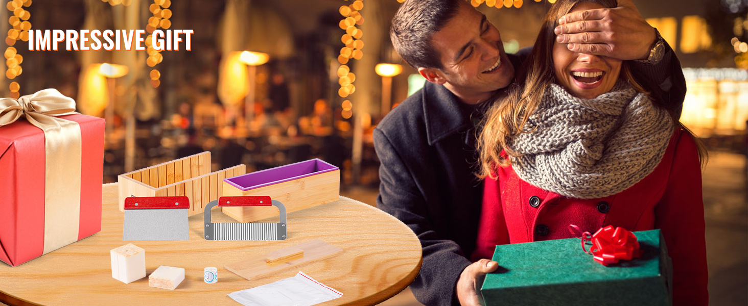 VEVOR soap making kit displayed with gift-wrapped box, bamboo molds, cutters, and soap bars for holiday season.