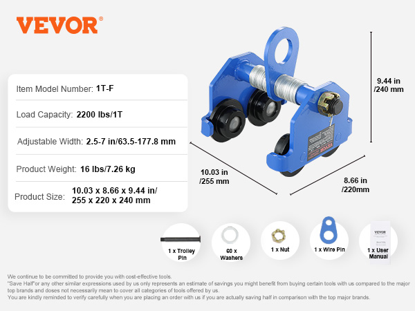 VEVOR manuālie ratiņi, 1t-f, 2200 lbs/1t, regulējams platums 2,5-7 collas, produkta izmērs 10,03 x 8,66 x 9,44 collas.