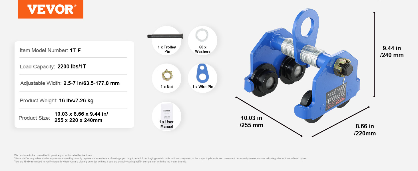 VEVOR manuālie ratiņi, 1t-f, 2200 lbs/1t, regulējams platums 2,5-7 collas, produkta izmērs 10,03 x 8,66 x 9,44 collas.