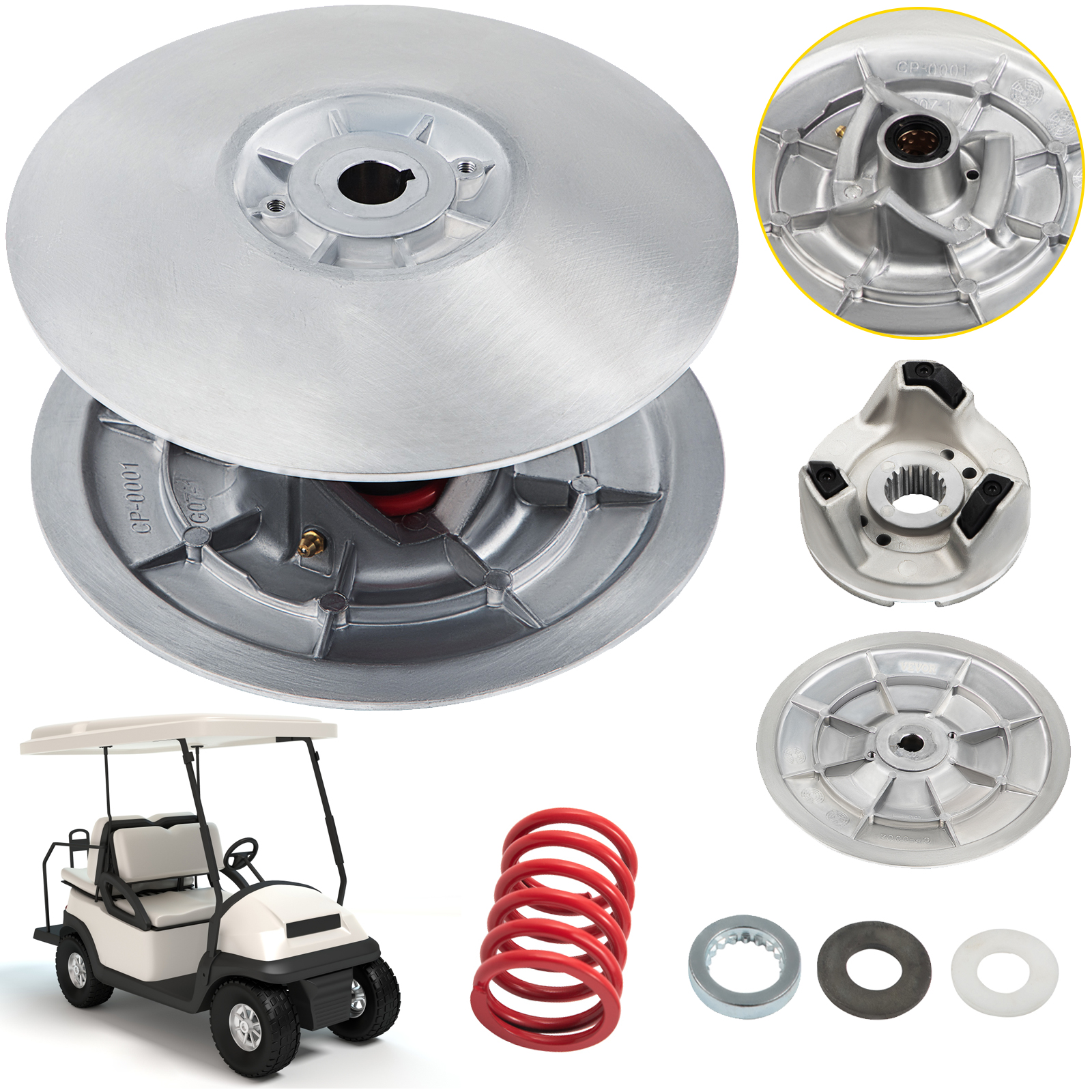 VEVOR golf cart clutch kit with components and golf cart on white background.