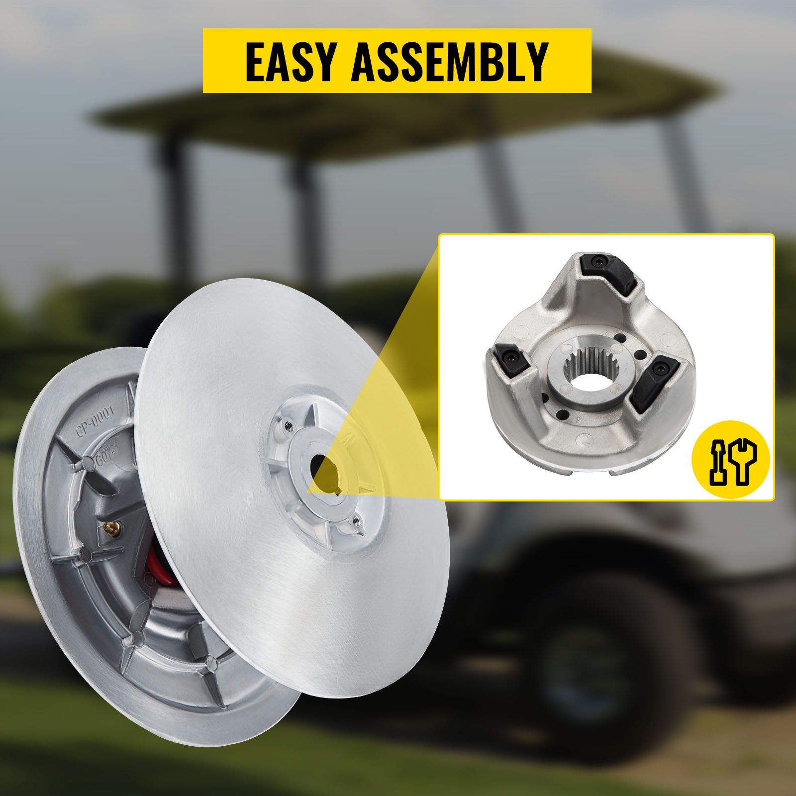 VEVOR golf cart clutch kit with text "easy assembly" and blurred image details