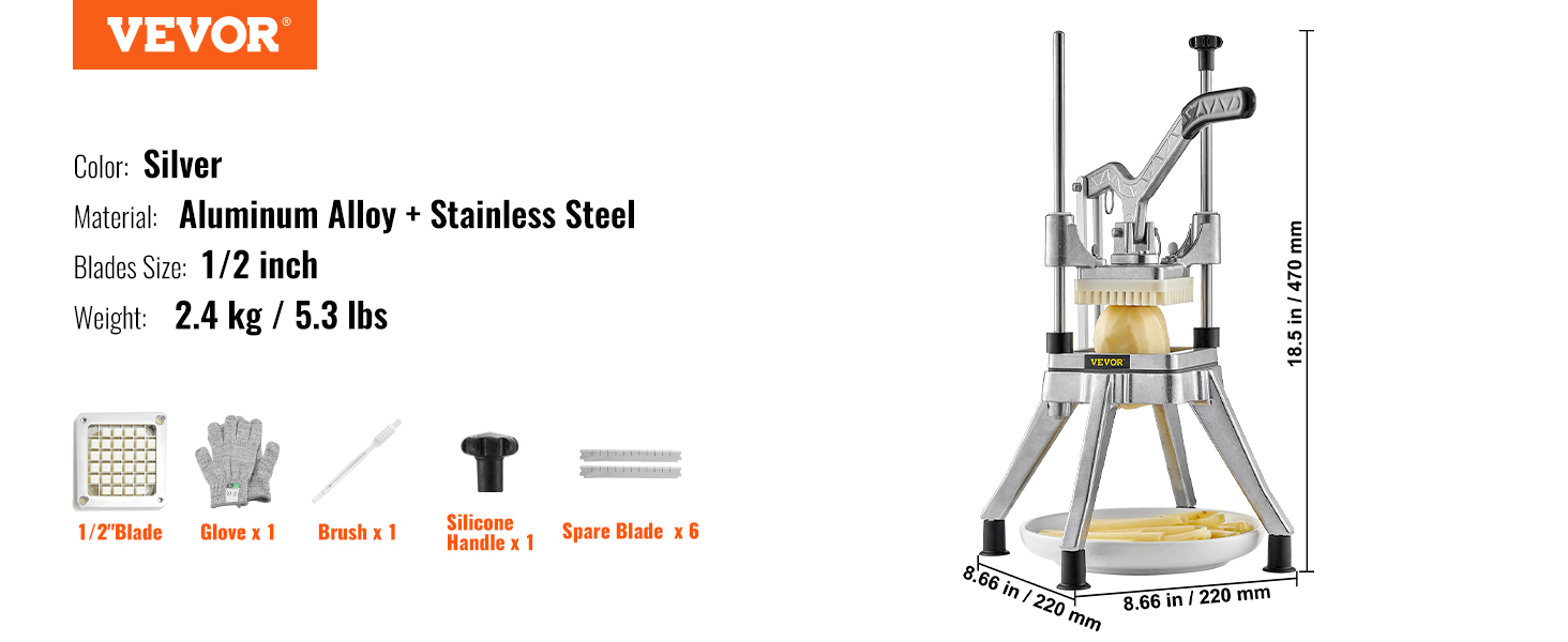 VEVOR vegetable chopper: silver, aluminum alloy + stainless steel, 1/2" blades, 2.4 kg, includes gloves and brush.